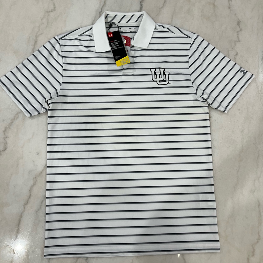 Under Armour White and Black Striped University of Utah Men’s Small Polo